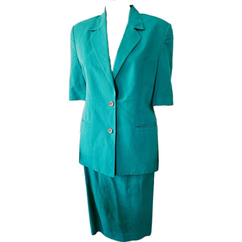 Vintage Liverpool Women's Teal 2-Piece Skirt Suit Set Lined Notch Lapel Size M